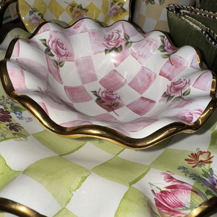 Mackenzie Childs Rose Pink Honeymoon Check Fluted  6” Berry Bowl