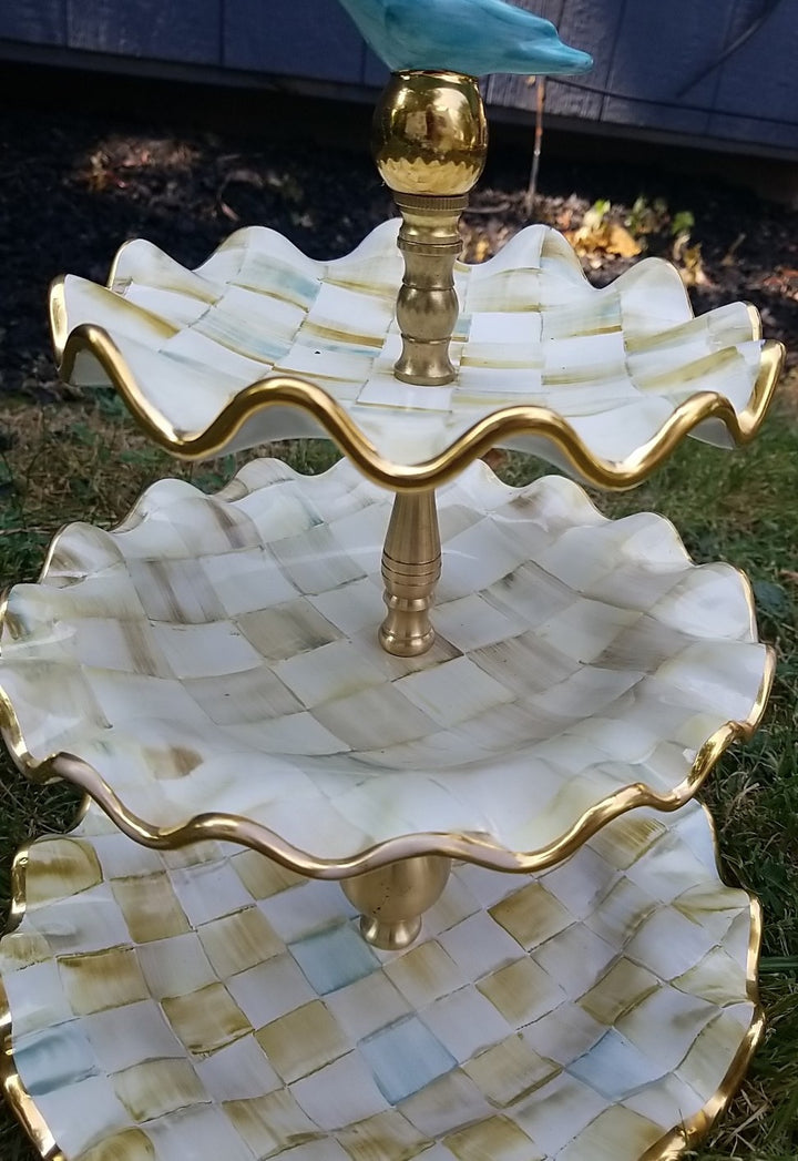 Mackenzie Childs Parchment Check Ceramic Three Tier Sweet Stand With Blue Bird