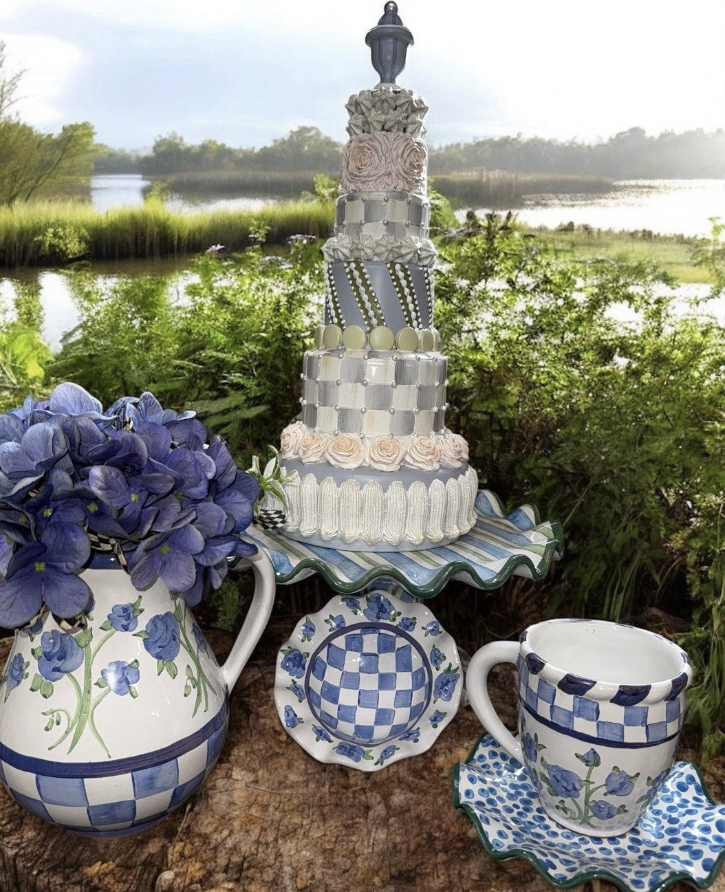 Mackenzie Childs 16.5" Tall Cameo Blue & Green Tiered Cake Courtly Check New