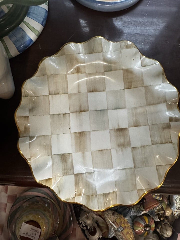 9” Mackenzie Childs   PARCHMENT CHECK CERAMIC FLUTED Gold Trim DESSERT PLATE- 1