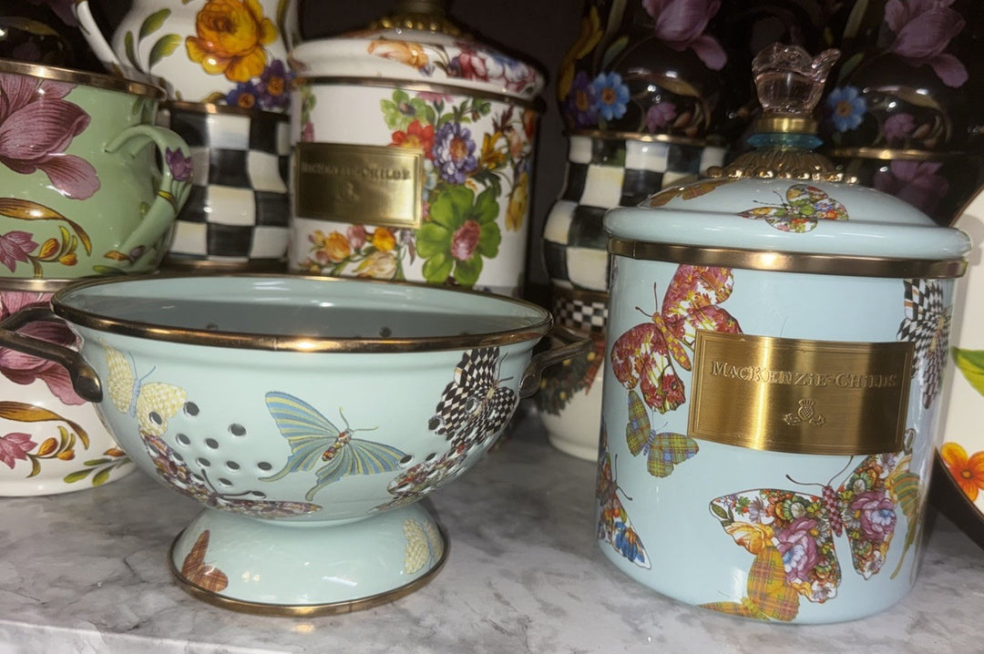 MACKENZIE CHILDS Blue BUTTERFLY GARDEN SMALL ENAMEL COLANDER RETIRED
