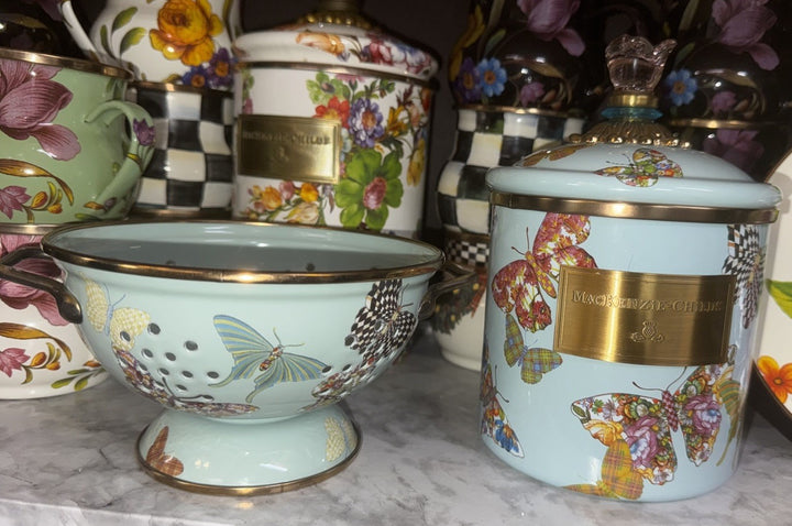 MACKENZIE CHILDS Blue BUTTERFLY GARDEN SMALL ENAMEL COLANDER RETIRED