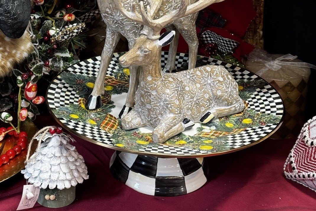 MACKENZIE CHILDS Courtly Check Evergreen Enamel Pedestal Platter - LARGE 16 Tall