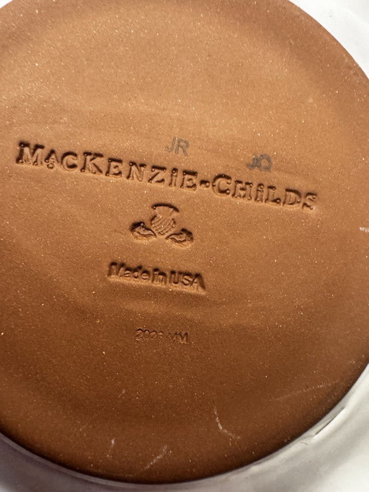 9” Mackenzie Childs   PARCHMENT CHECK CERAMIC FLUTED Gold Trim DESSERT PLATE- 1