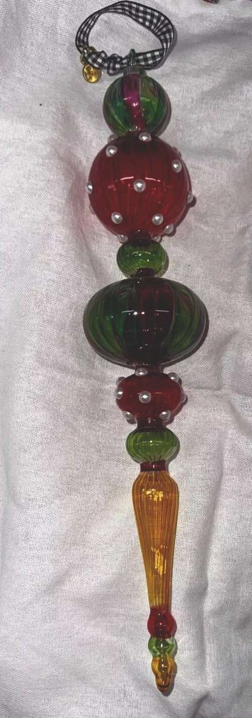 Mackenzie Childs Iridescent GLASS ICICLE  Red Green, Yellow Pearls Drop Ornament