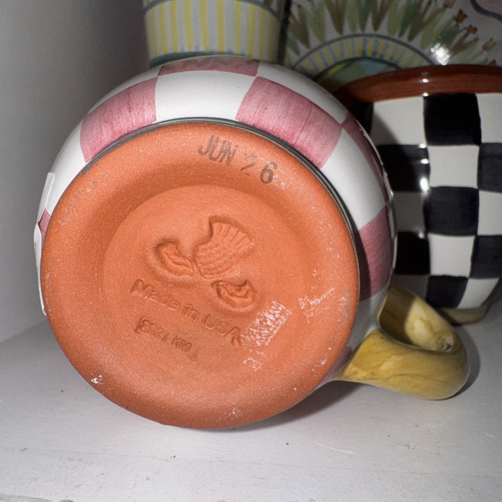 Mackenzie Childs Check Mate  Mug Pink Rosy Check Hand Painted Majolica NWT