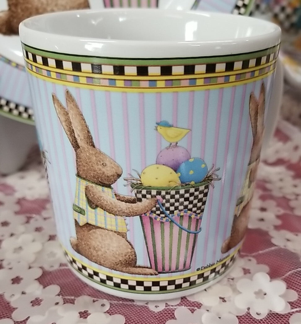 Debbie Mumm Sakura Easter Plate 8 1/4" & mug Set Bunny Eggs 1998-Blue w/ Checks
