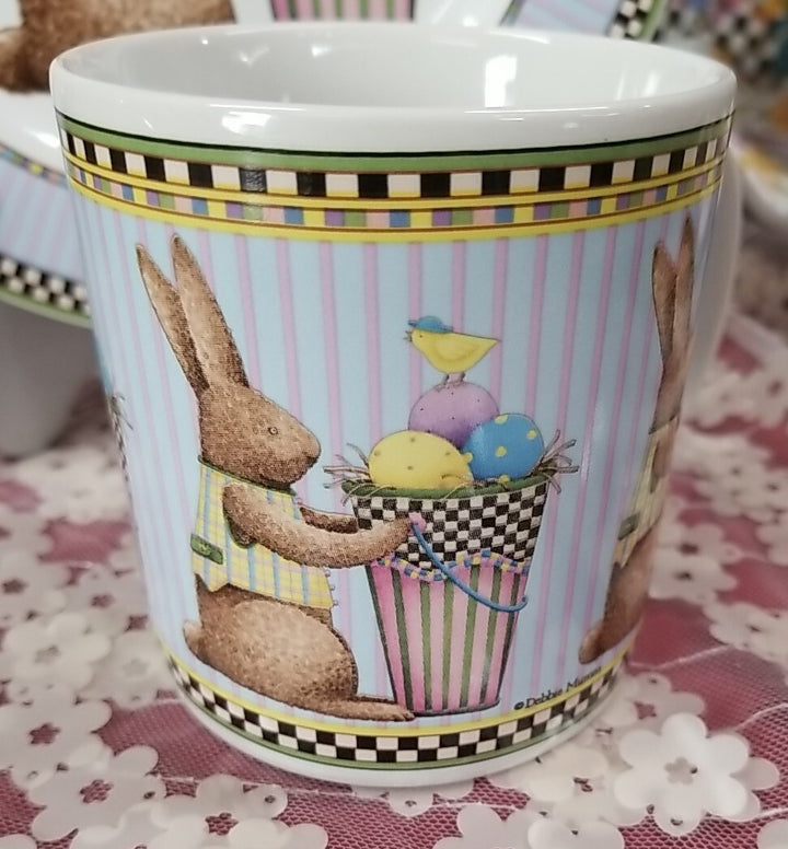 Debbie Mumm Sakura Easter Plate 8 1/4" & mug Set Bunny Eggs 1998-Blue w/ Checks