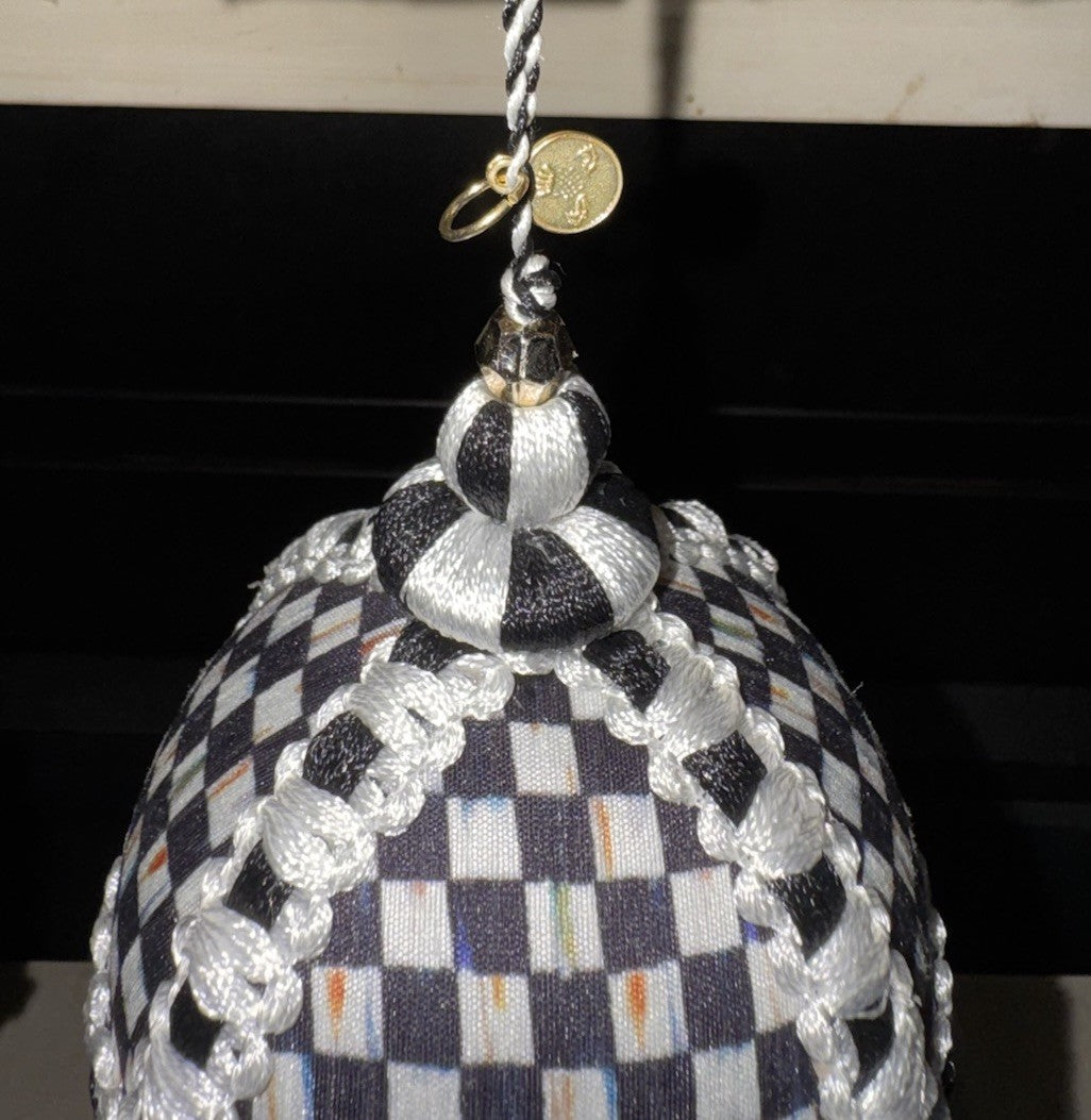 Mackenzie Childs COURTLY CHECK  BALL Fabric Covered ORNAMENT- New 4”x4”-set Of 2