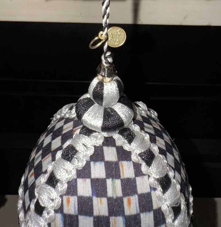 Mackenzie Childs COURTLY CHECK  BALL Fabric Covered ORNAMENT- New 4”x4”-set Of 2
