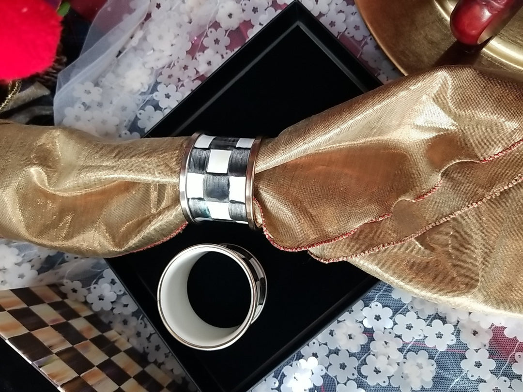 Mackenzie Childs Enamel Napkin Rings Set 2-new Courtly Check