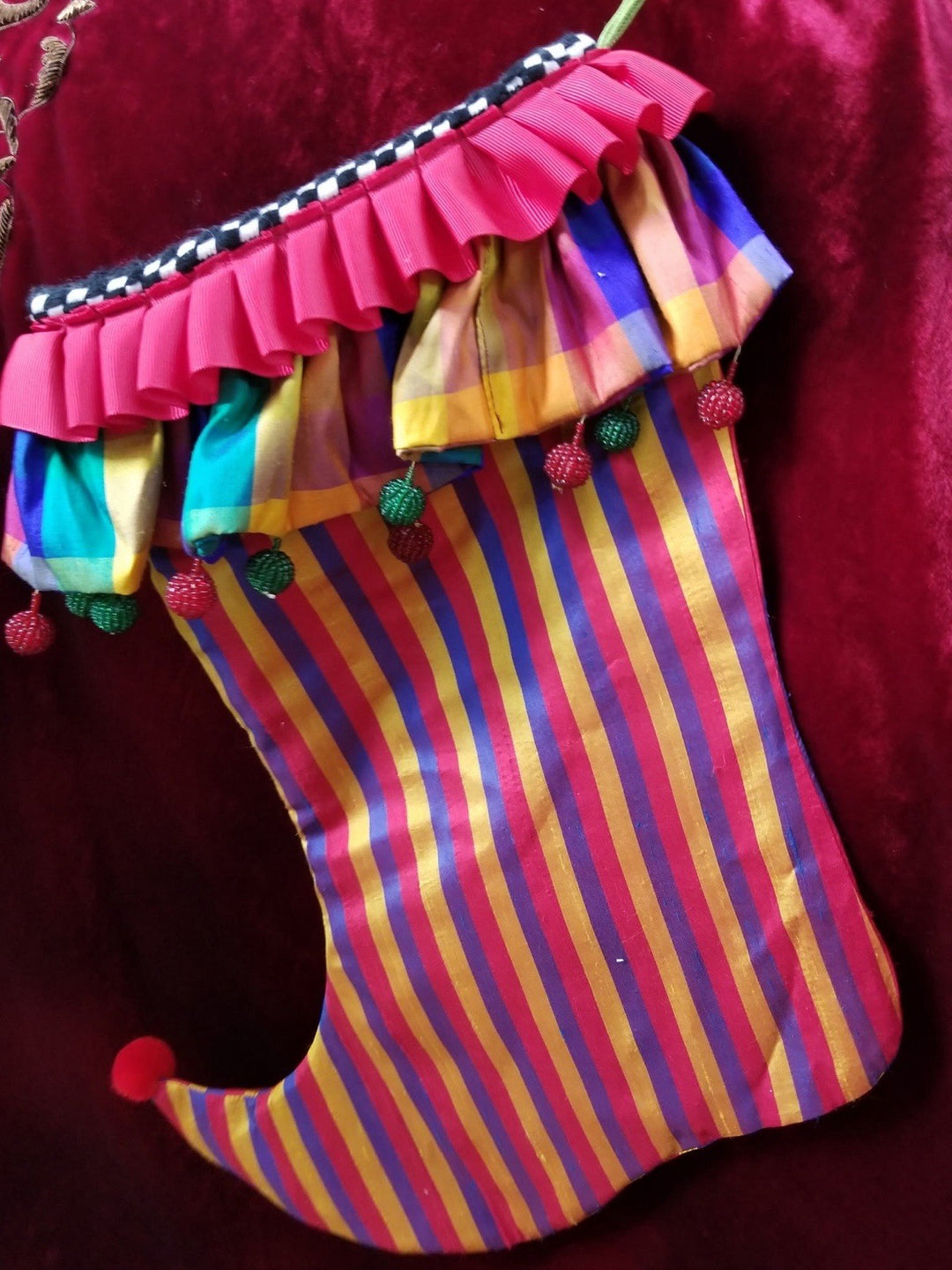 MacKenzie Childs Jester Christmas Stocking Balls Striped 15” Long- Retired Silk