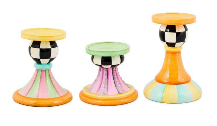 Mackenzie Childs Pillar  Candle Holders -set of 3- Nib