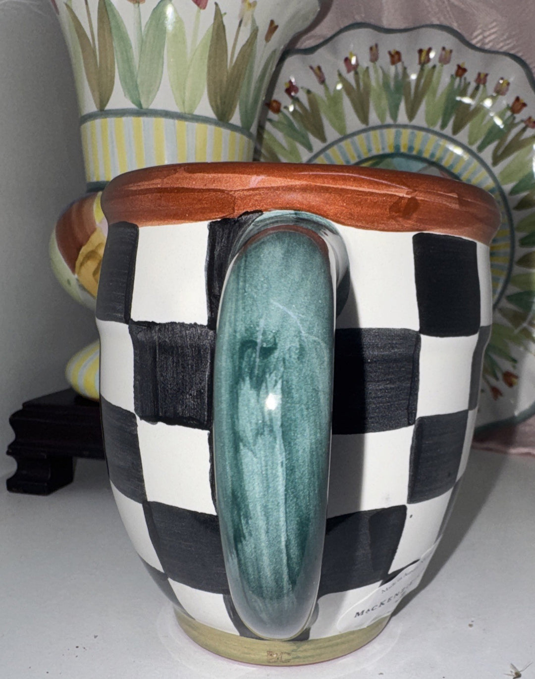 Mackenzie Childs Check Mate  Mug Black Courtly Hand Painted Majolica NWT