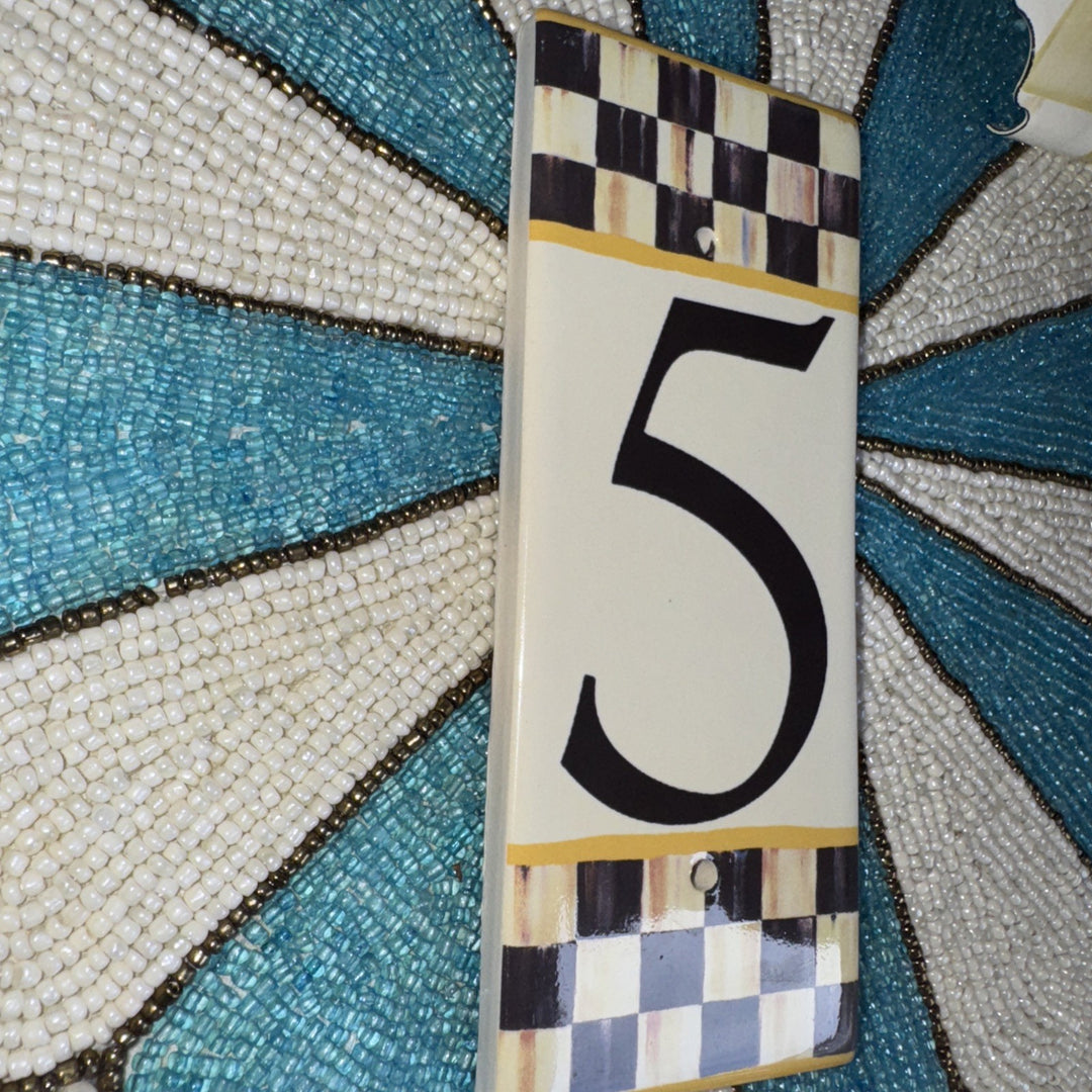 MACKENZIE CHILDS  HOUSE NUMBER 5 COURTLY CHECK TILE NEW 7" X 3"