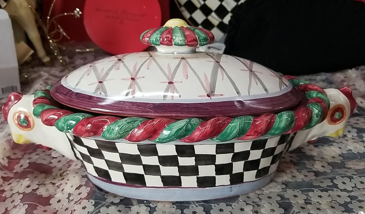 Retired  Mackenzie Childs Chicken Casserole  Dish With Lid - Ceramic- Read