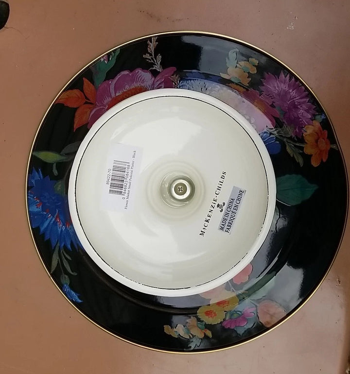 MACKENZIE-CHILDS Black Flower Market & Courtly Enamel Pedestal Platter Small 12”