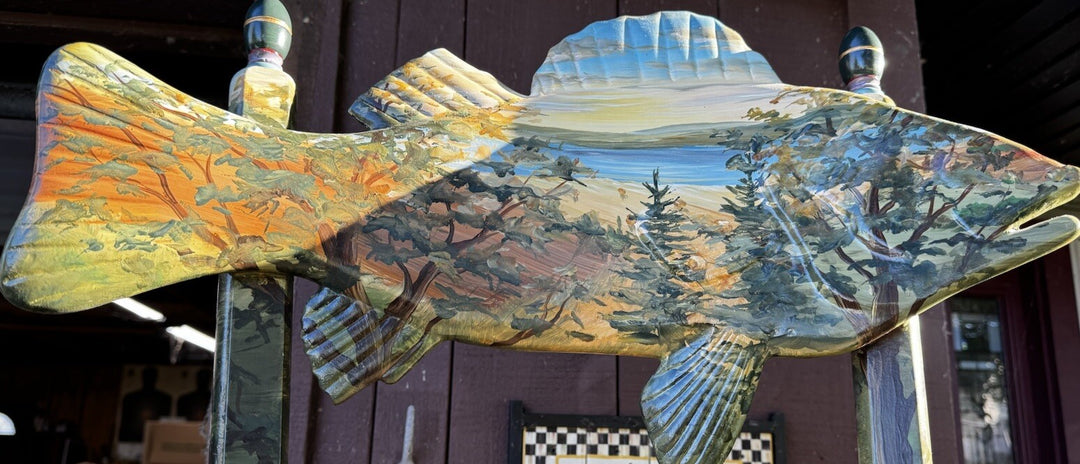 MacKenzie-Childs FOREST Fish   BARSTOOL With Fish BACK  RARE- Hand Painted