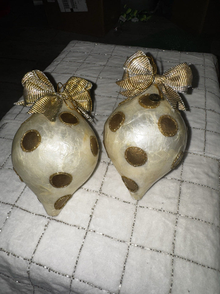 Rare Mackenzie Childs Capiz Tear Drop Ornaments Set Of 2- Gold Dots
