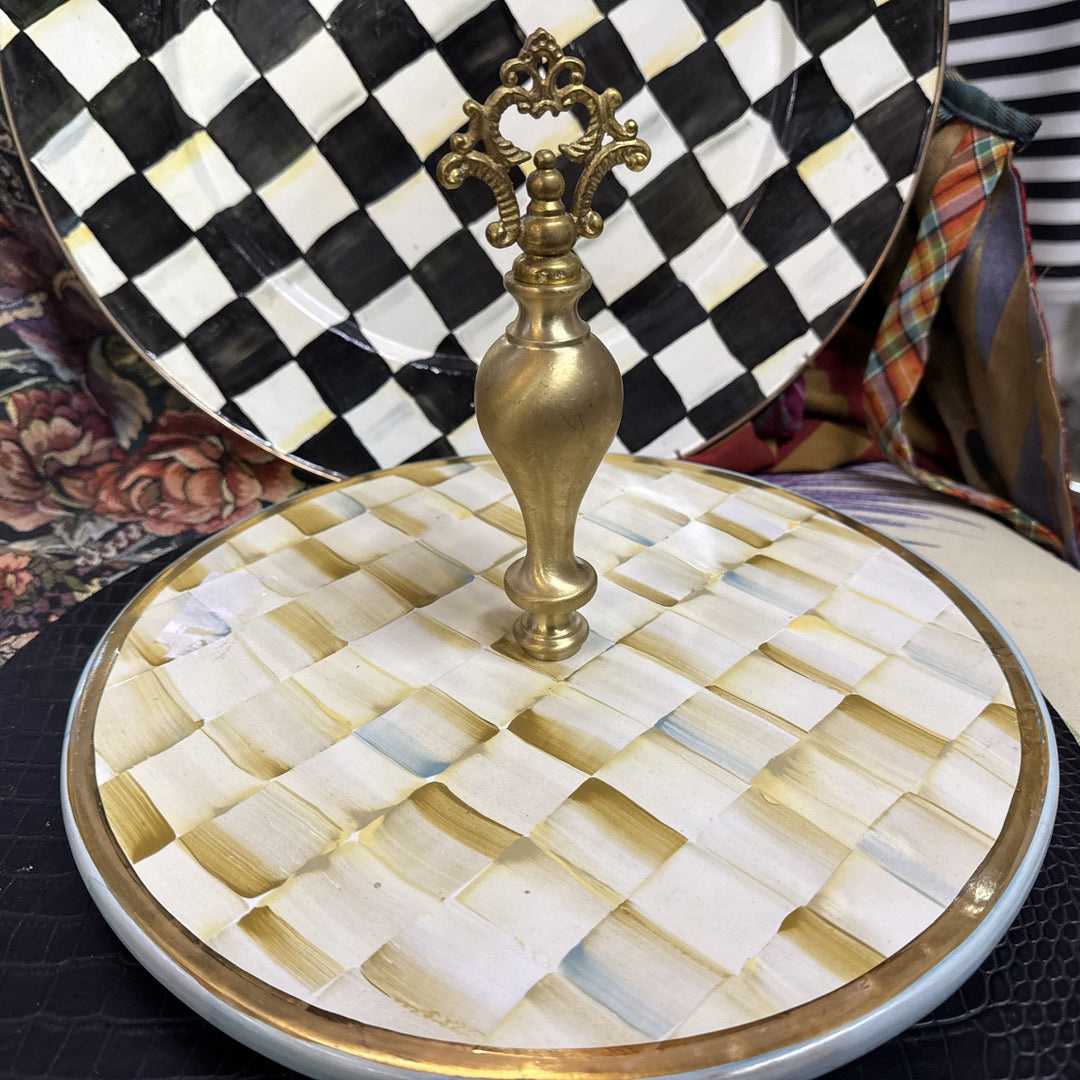 Mackenzie Childs Parchment  Check Ceramic Cheese Course Retired- Read Defect