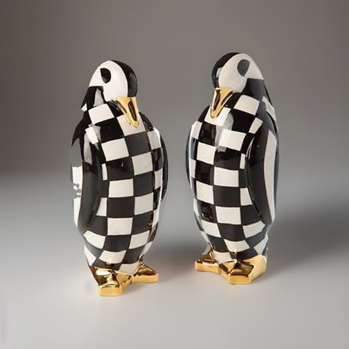 MACKENZIE CHILDS Checkmate Penguin Salt And Pepper Check  Set New In Box
