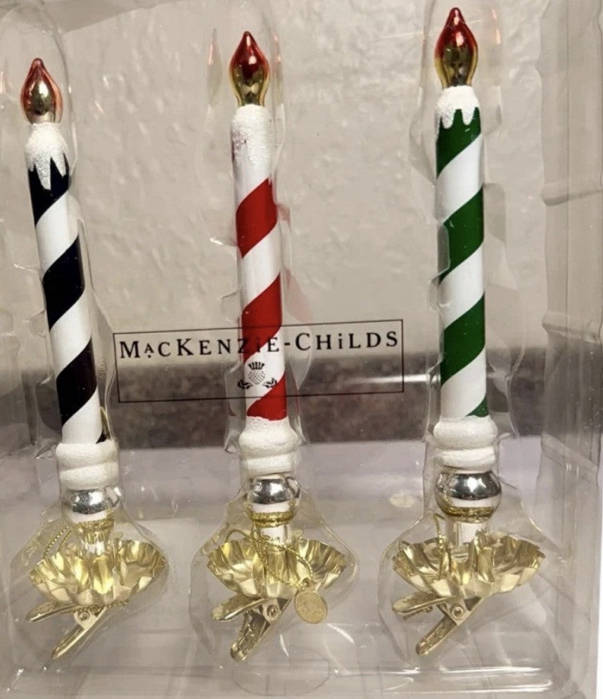 MACKENZIE-CHILDS "CHECK IT OUT GLASS CANDLE CLIPS" ORNAMENTS Retired