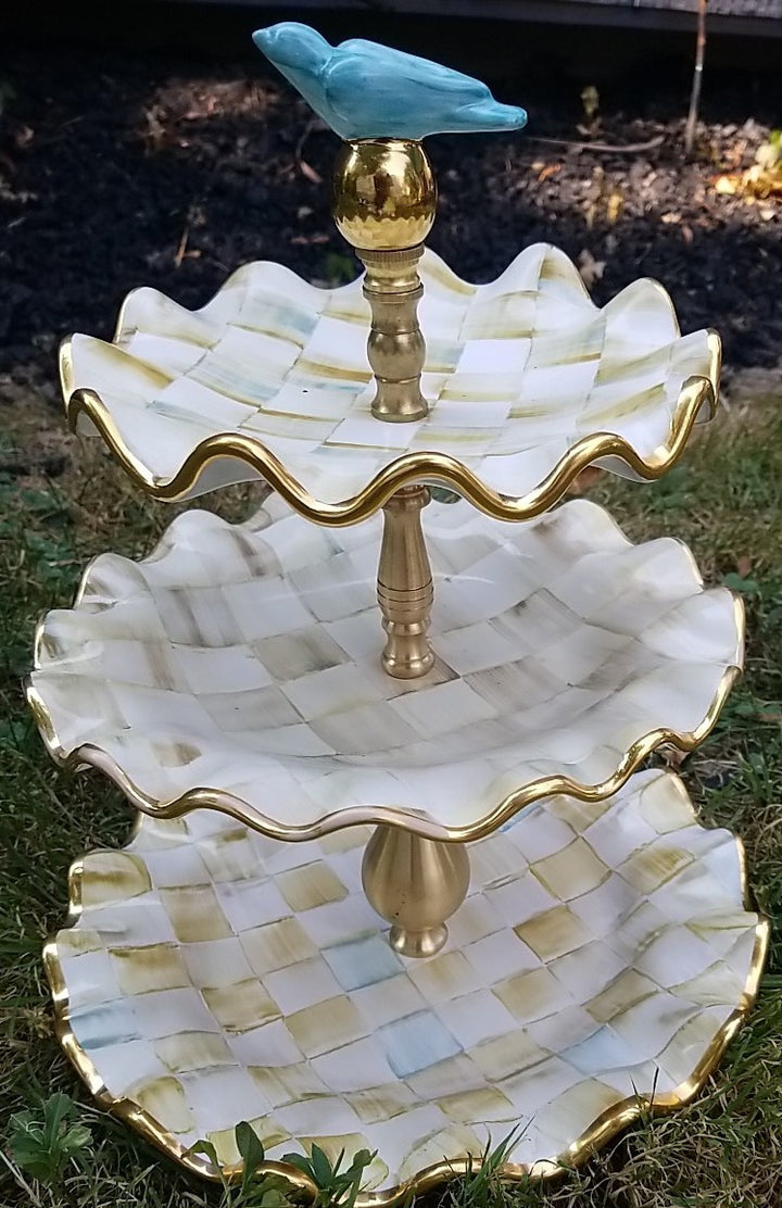 Mackenzie Childs Parchment Check Ceramic Three Tier Sweet Stand With Blue Bird