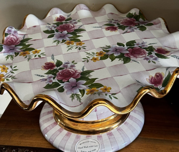 Mackenzie Childs 12” Honeymoon Pink Rose Fluted Cake Stand 2006