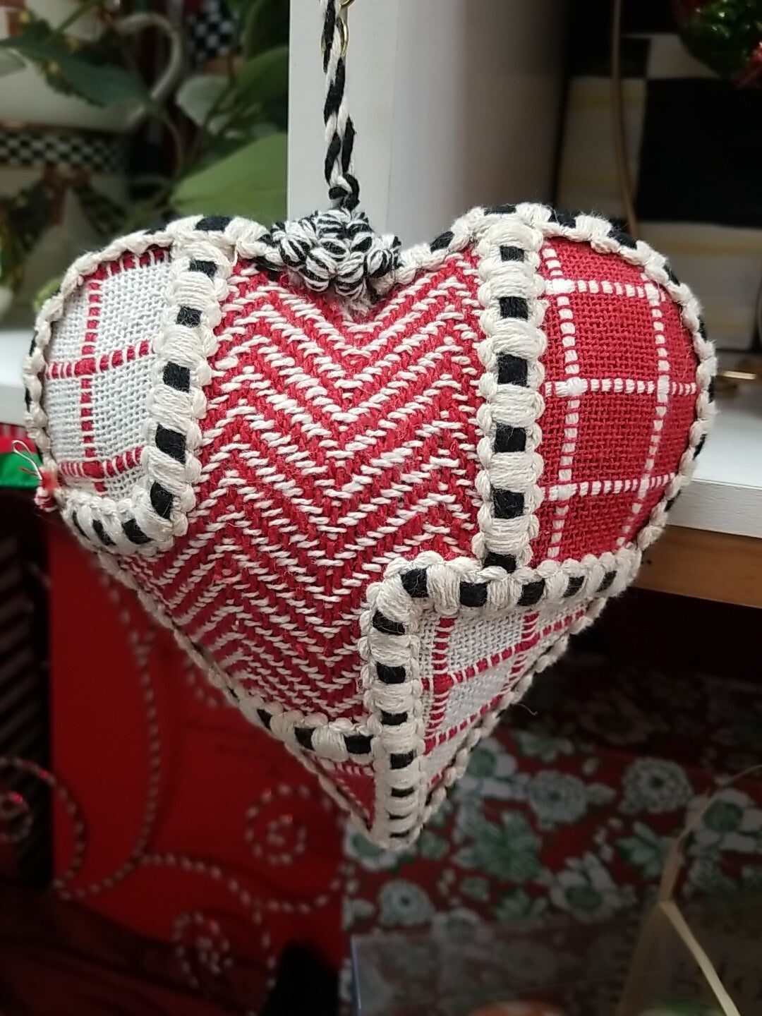 Mackenzie childs Cozy Red HEART patchwork Ornament Large 5.5"w x10"tall 2.5"deep