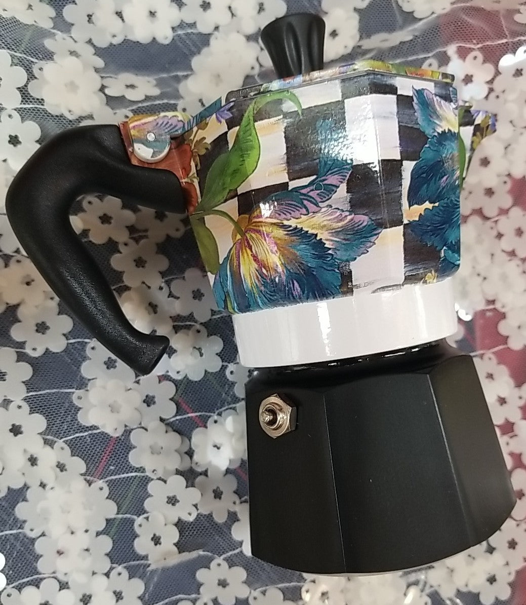 MacKenzie Childs BIALETTI MOKA POT 3 CUP COFFEE FLOWER HAND PAINTED BRAND NEW