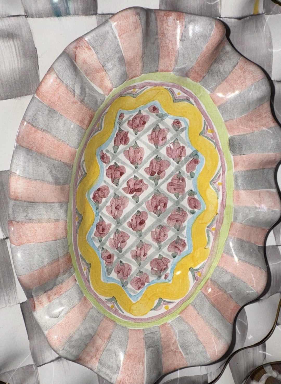 MacKenzie Childs Taylor Cabbage Rose Fluted Ceramic Soap Dish Hand Painted 6.25"