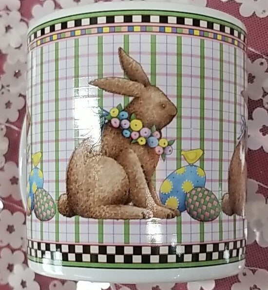 Debbie Mumm Sakura Easter Plate 8 1/4" & mug Set Bunny Eggs 1998-pink w/ Checks
