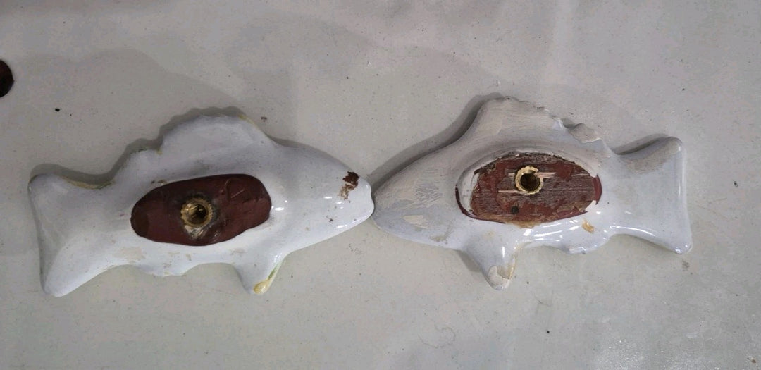 Pair Vintage MacKenzie-Childs Pottery Fish Cabinet Knobs / Drawer Pulls