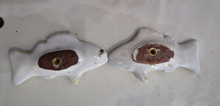 Pair Vintage MacKenzie-Childs Pottery Fish Cabinet Knobs / Drawer Pulls