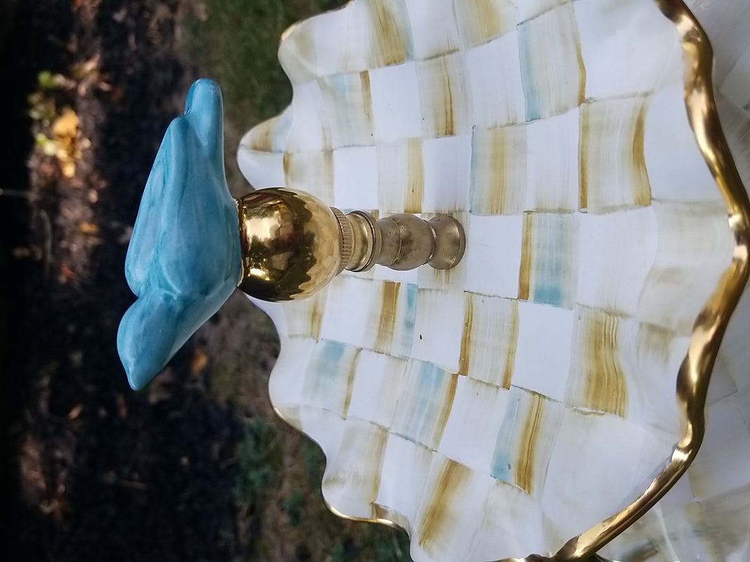 Mackenzie Childs Parchment Check Ceramic Three Tier Sweet Stand With Blue Bird