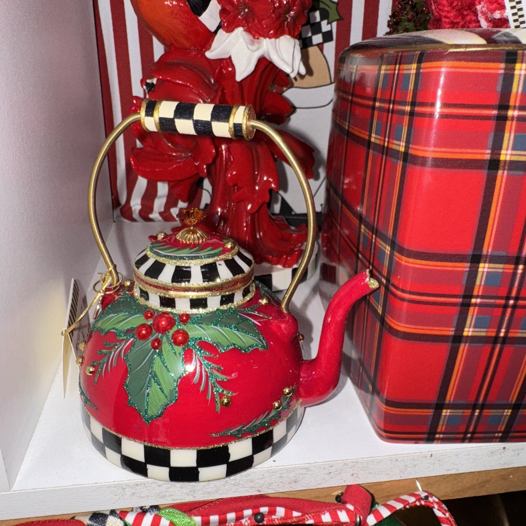 MACKENZIE CHILDS  HOLIDAY KETTLE GLASS ORNAMENT--NEW IN BOX Retired