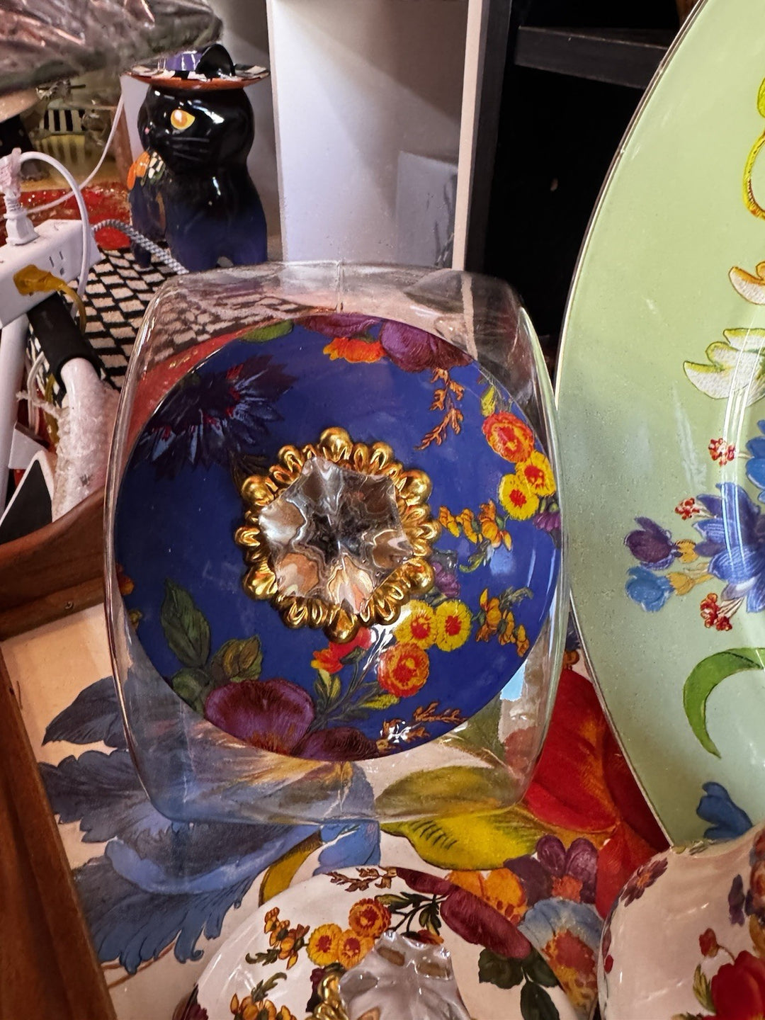 MacKenzie Childs  Cookie Jar with Lapis Flower Market Enamel Lid