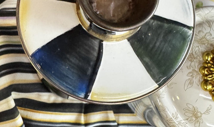 One Mackenzie  Childs Courtly Check Enamel Candle Stick Holder Brass  11.5” Tall