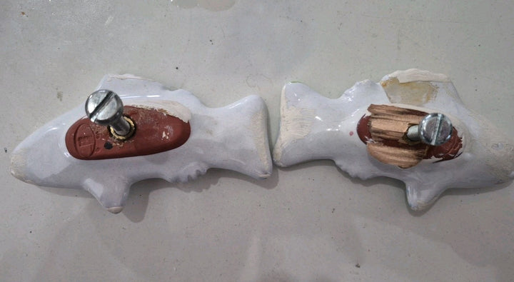 Set 2 Vintage MacKenzie-Childs Pottery Fish Cabinet Knobs / Drawer Pulls Teal