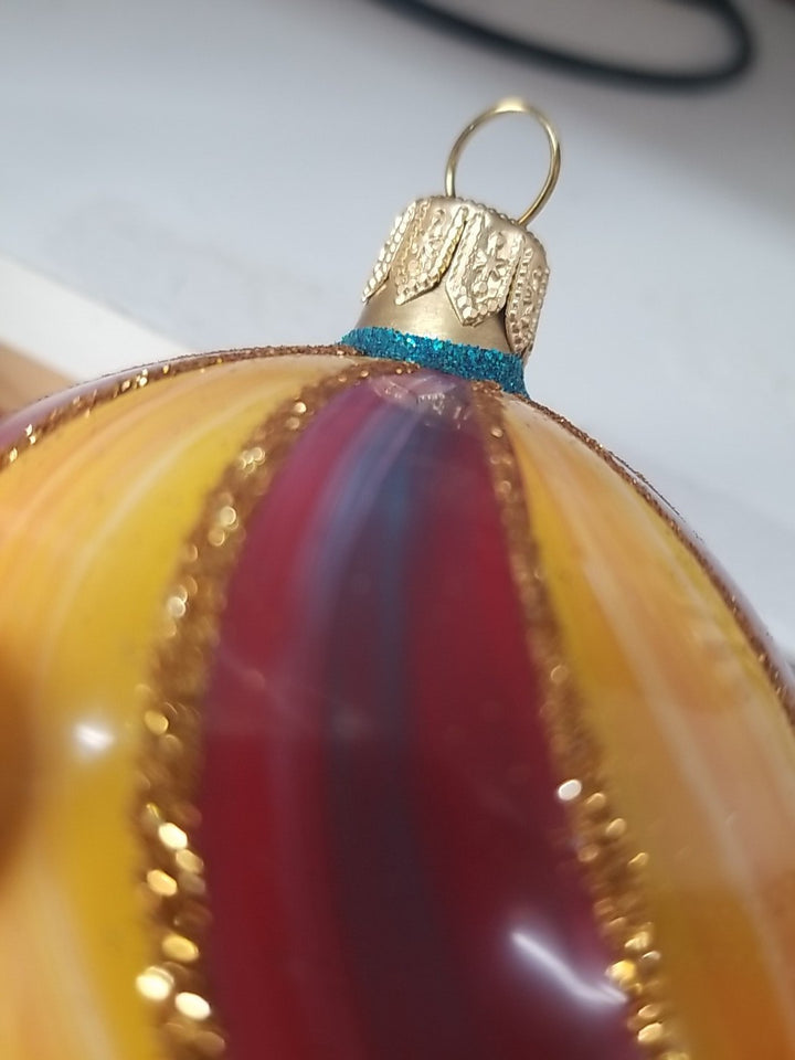 MacKenzie Childs Frank And Mustard  Striped Double Drop Glass Ornament