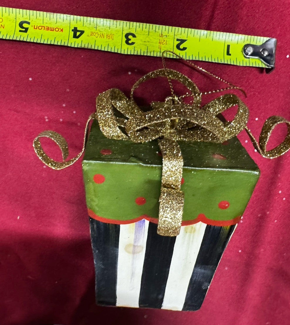 MacKenzie Childs Metal Present Ornament -4”x4” Courtly Stripe With Green Top