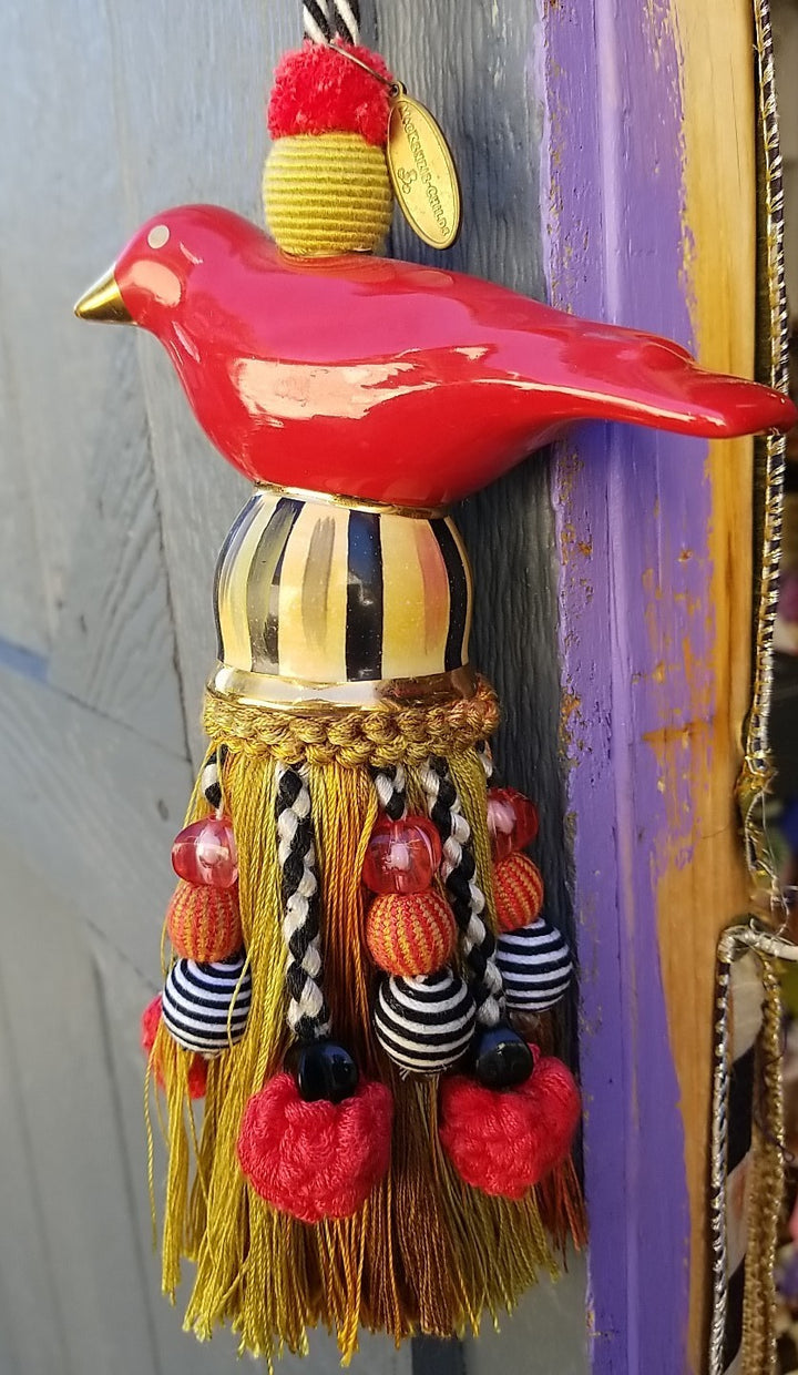 Brand New Mackenzie Childs Ceramic Bird Tassel — Red & Gold