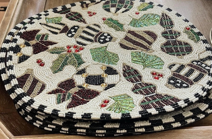 MacKENZIE CHILDS One Christmas White Deck the Halls BEADED PLACEMAT- Retired