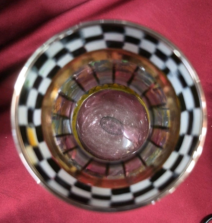 Vintage  Mackenzie Childs Courtly Check Tartan Glass  Circus Carafe W/wooden Lid
