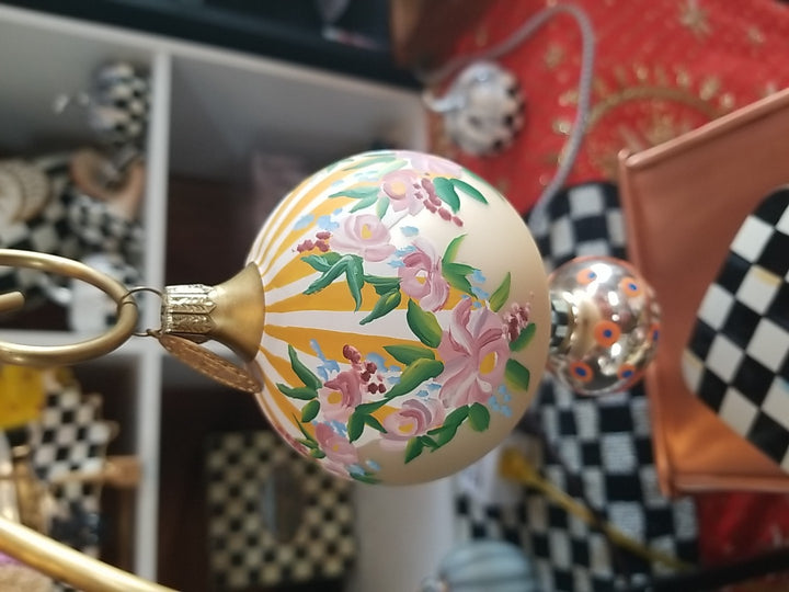 MacKenzie Childs Painted Awning Double Drop Glass Ornament