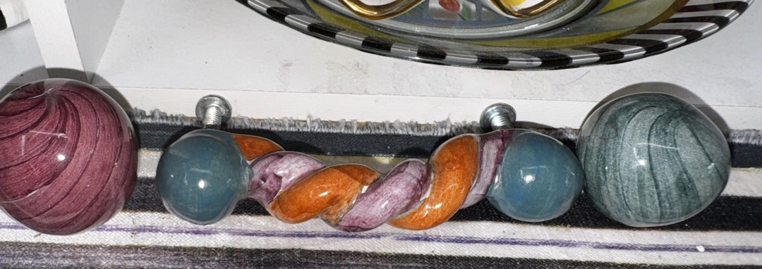 Mackenzie Childs  4” Twist Ceramic Handle Pulls Knobs Purple Orange - Set Of 2