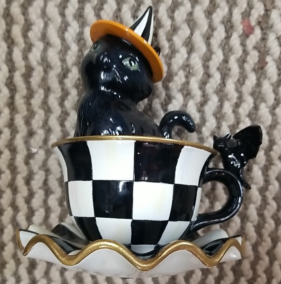 MacKenzie Childs Halloween Cat Teacup Figurine