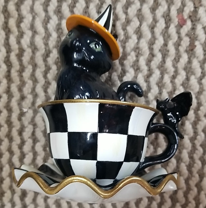 MacKenzie Childs Halloween Cat Teacup Figurine