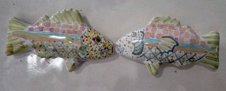 Pair Vintage MacKenzie-Childs Pottery Fish Cabinet Knobs / Drawer Pulls