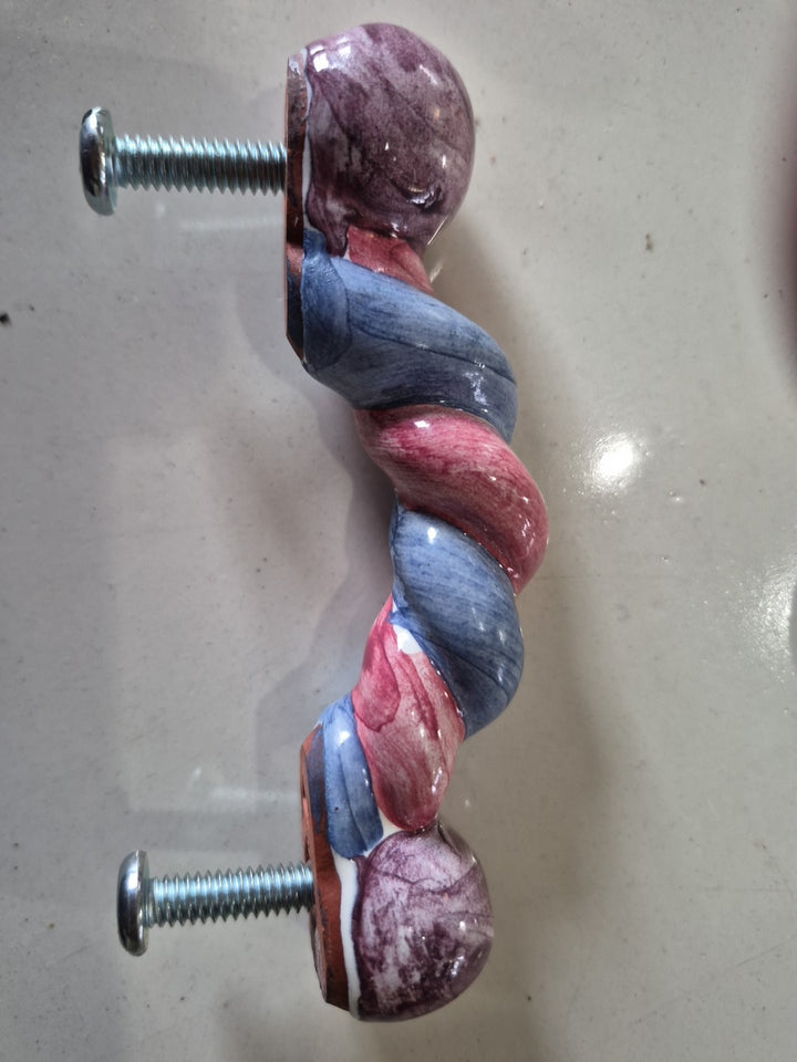 Mackenzie Childs  4.75 Twist Ceramic Handle Pull Knob Purple Blue Pink
